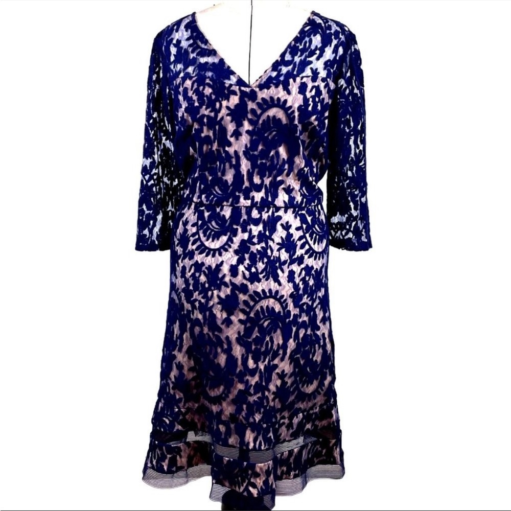 Adrianna Papell Navy Blue Illusion Lace Cropped Sleeve Midi Party Dress Size 20